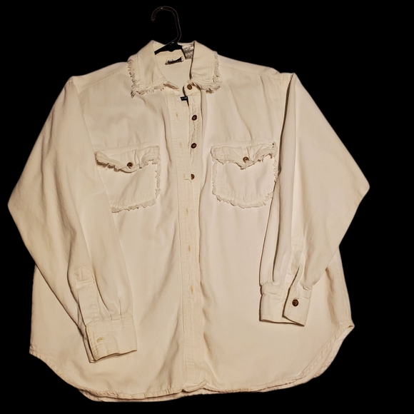 Vintage Gitano White Cotton Jacket Blouse Frayed Neck Pockets Sz M - Picture 4 of 11